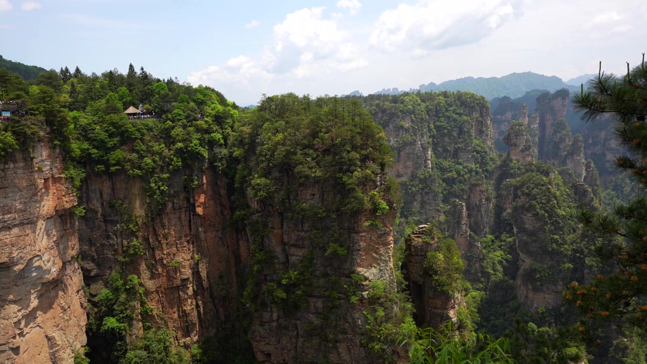 Una panoramica da destra a sinistra rivela diverse prospettive dei picchi carsici di arenaria in Cina.