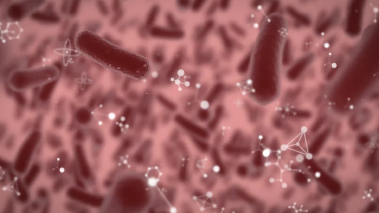 animación de moléculas girando y macro bacterias o células de covid 19