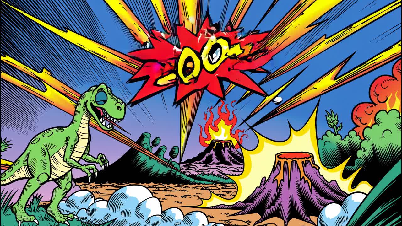 panel de cómics de dinosaurios y volcanes