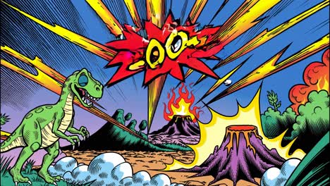 dinosaur and volcano comic panel