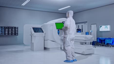 full body back view of asian male scientist use green screen laptop while standing with mri machine in the hospital