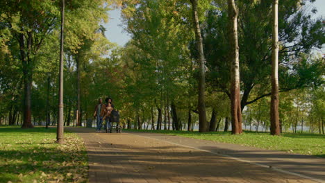 idílica familia caminando por el parque en un cálido día de otoño. hermana mayor cuidando a un recién nacido.