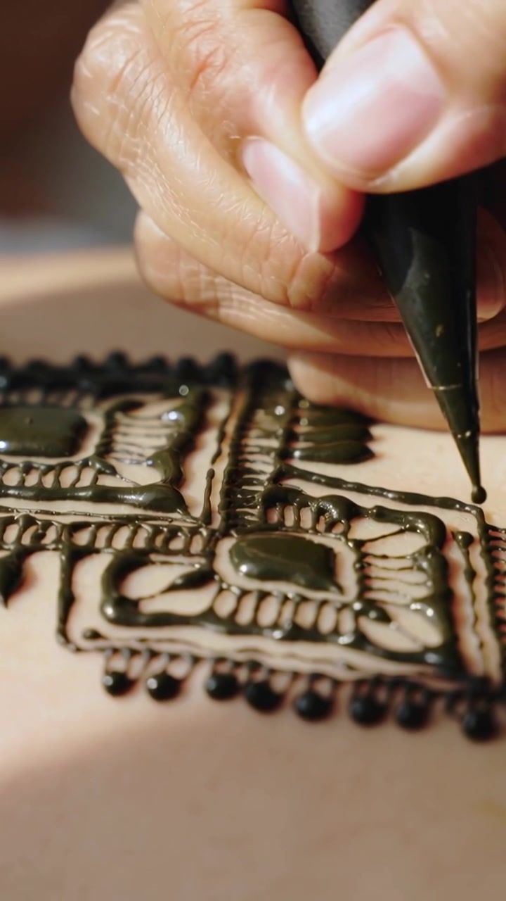 Vertikal video: Placerer keglespids, kunstnerhånd tegner hennapanel på underarm til dekorativ kunst.