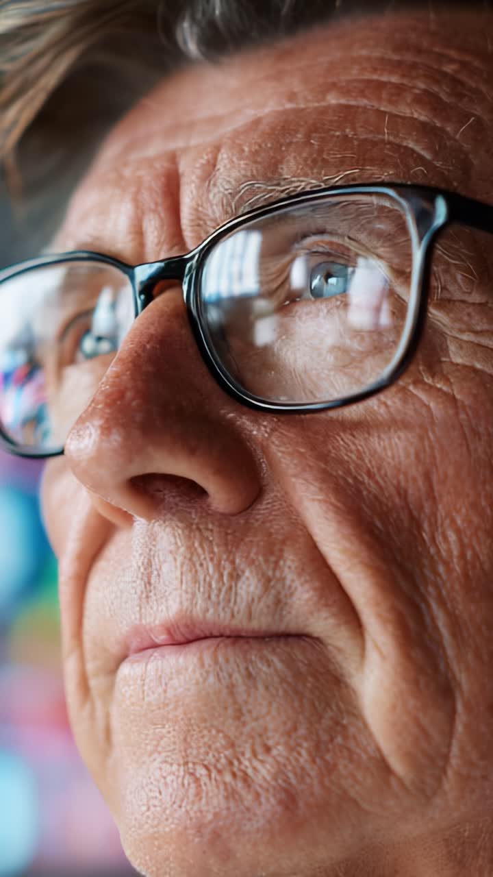 Cautivador retrato de un hombre mayor con gafas, que muestra sabiduría y profundidad mientras mira pensativo fuera de cámara en un colorido ambiente de fondo