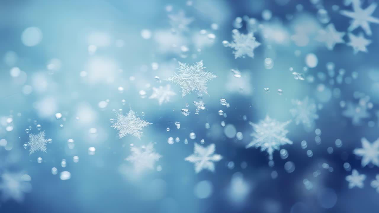 Aerial view of falling snowflakes in a dreamy, blurred blue background, ideal for video