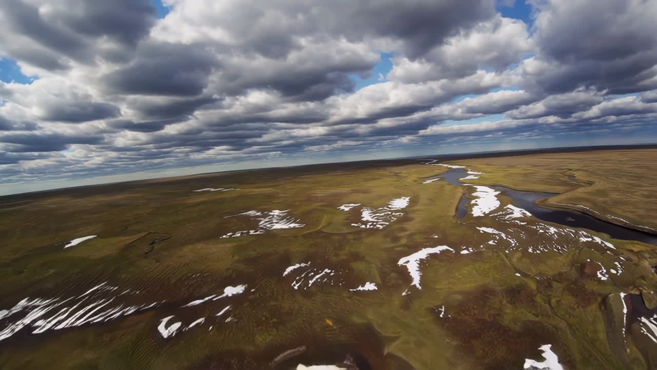 Aerial View of Tundra Landscape with Rivers and Lakes