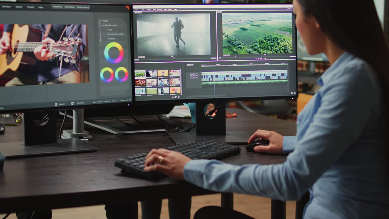 Asian film maker working on movie footage quality with editing software