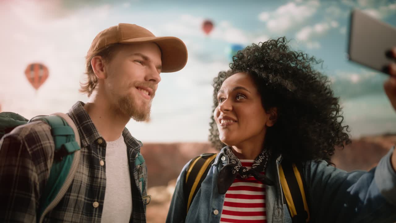 um jovem casal de turistas diversos fazendo uma videochamada ou gravando uma mensagem selfie nas mídias sociais do vale do canyon rochoso. amigos mochileiros em aventura. balões de ar quente no parque nacional da montanha.