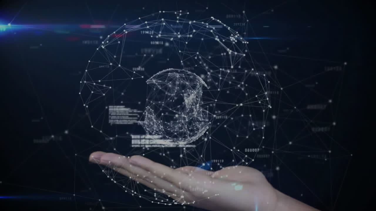 Holding digital globe, hand showing network connections and animation data visualization