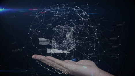 holding digital globe, hand showing network connections and animation data visualization