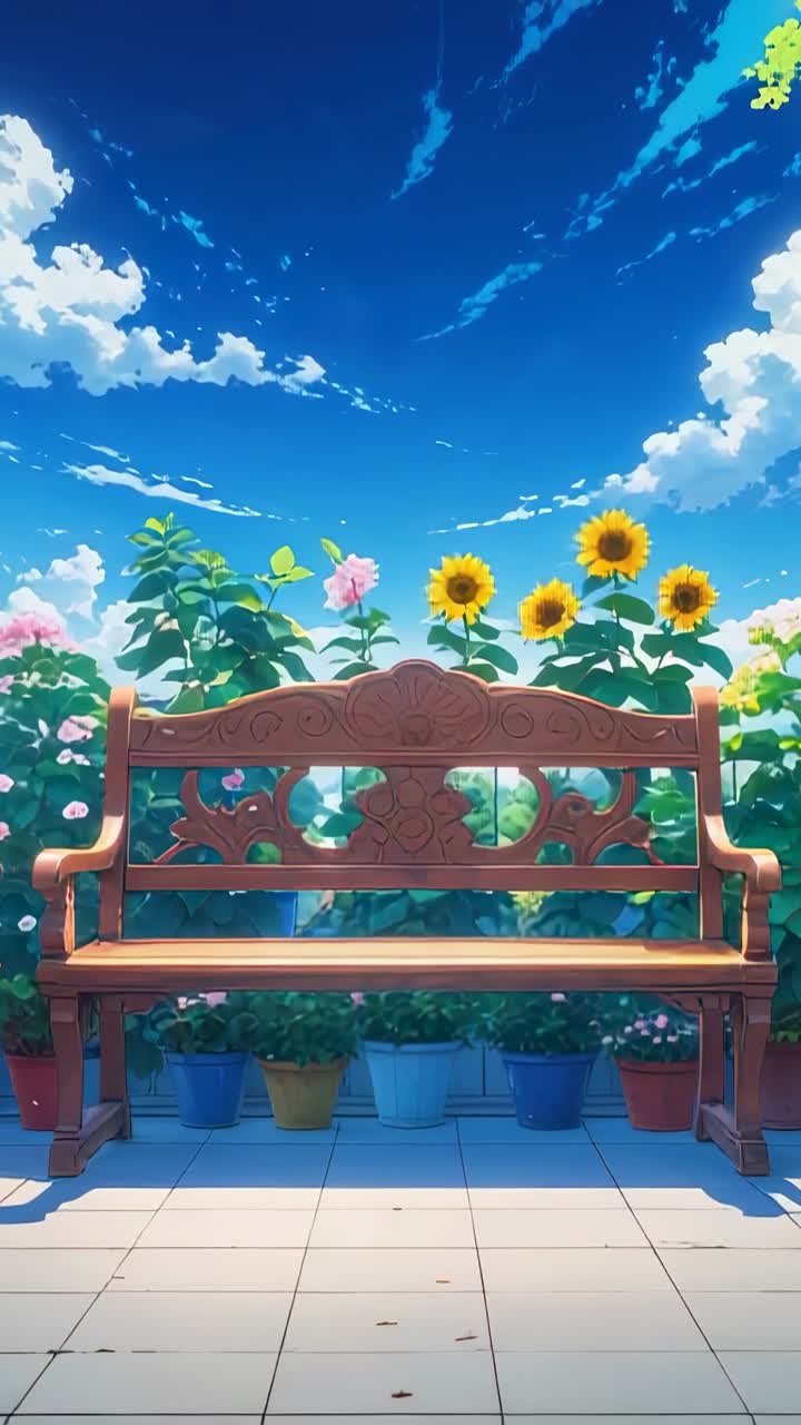 Vertical video: Streaming sunlight illuminating carved bench, sunflowers on patio following sunrise