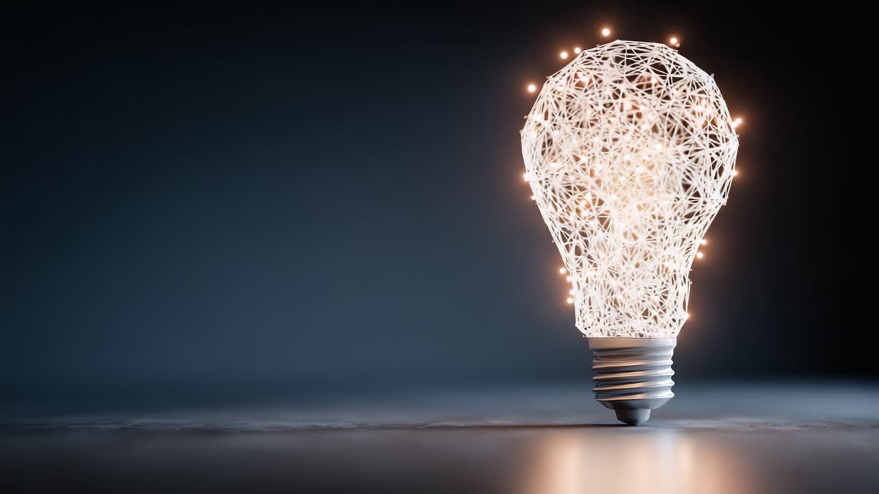 Una rappresentazione accattivante di una lampadina costruita con luci intrecciate, che brilla elegantemente su uno sfondo minimalista, simboleggiando innovazione e creatività.