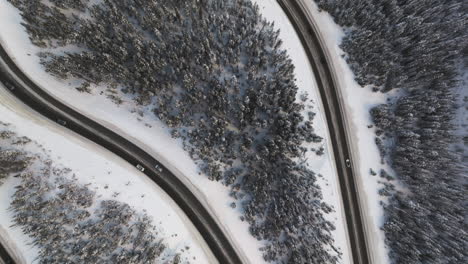 aerail top down shot of snow covered trees and winding roads in the colorado rocky mountains