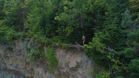 female hiker standing on cliff in forest 4k