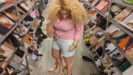 young latin woman tries on shoes she likes and looks up at the camera smiling after finding shoes fit