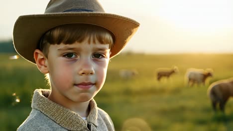 野原に立っているカウボーイの帽子をかぶった若い少年