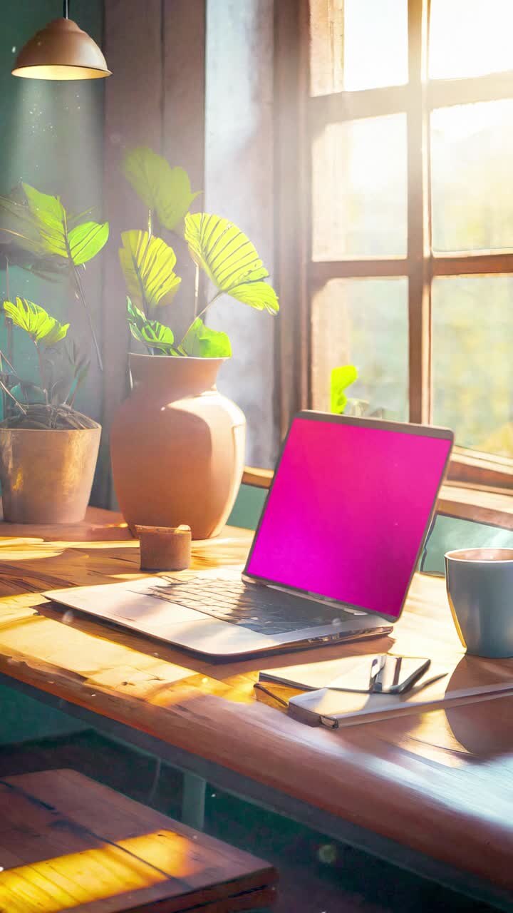 Laptop with Pink Screen on Wooden Desk by Sunny Window