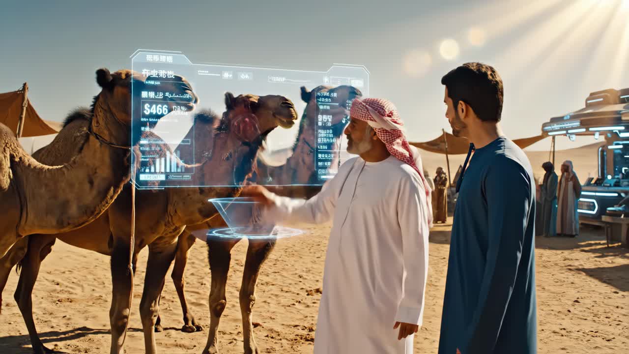 Futuristic Camel Trading in the Desert