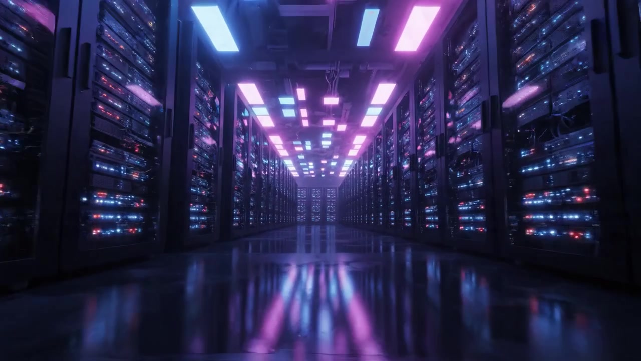 Et fantastisk indblik i et futuristisk datacenter: Rækker af servere oplyst af levende LED-lys, der skaber et højteknologisk miljø.