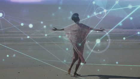woman walking barefoot along sandy shoreline, showing tech network overlay with glowing nodes