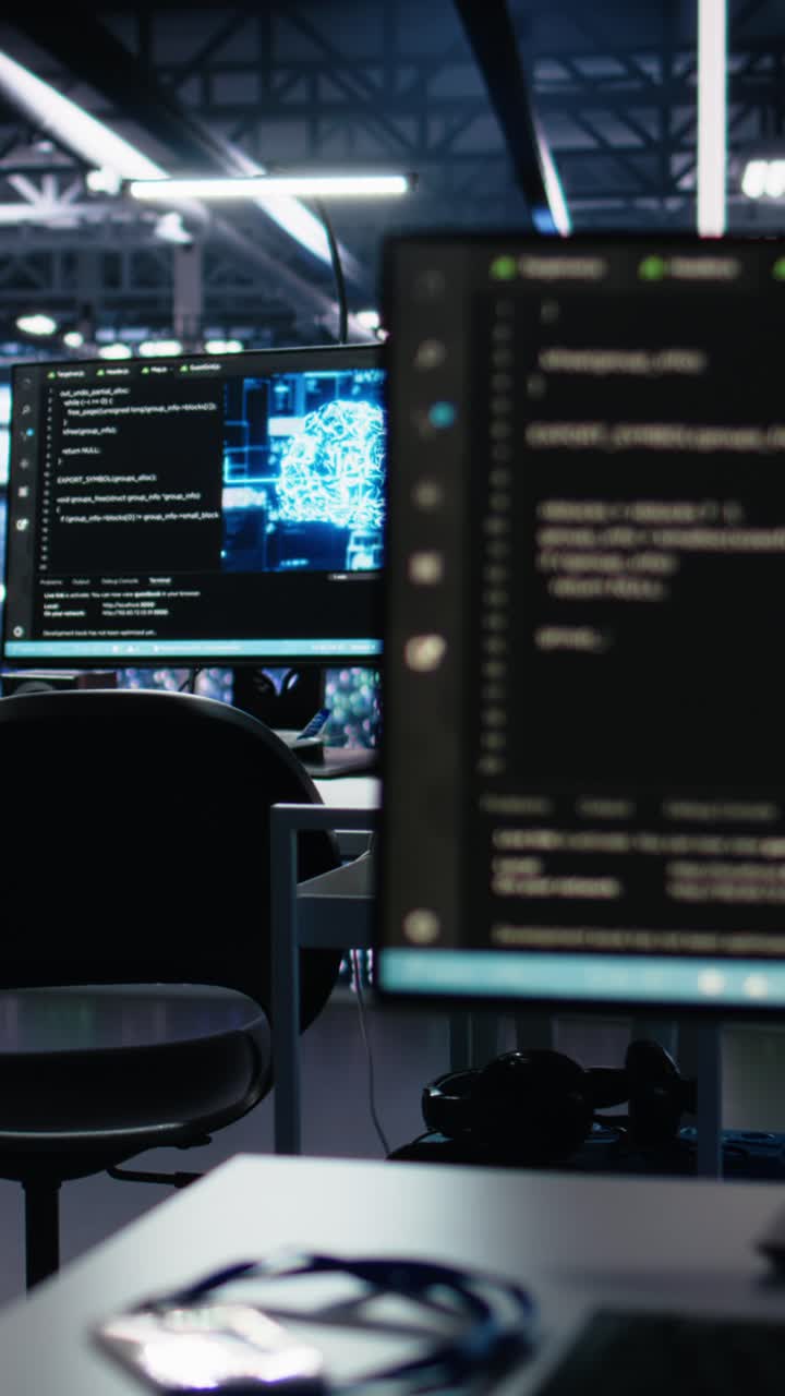 Vertical video AI development workstations in data center displaying machine learning code