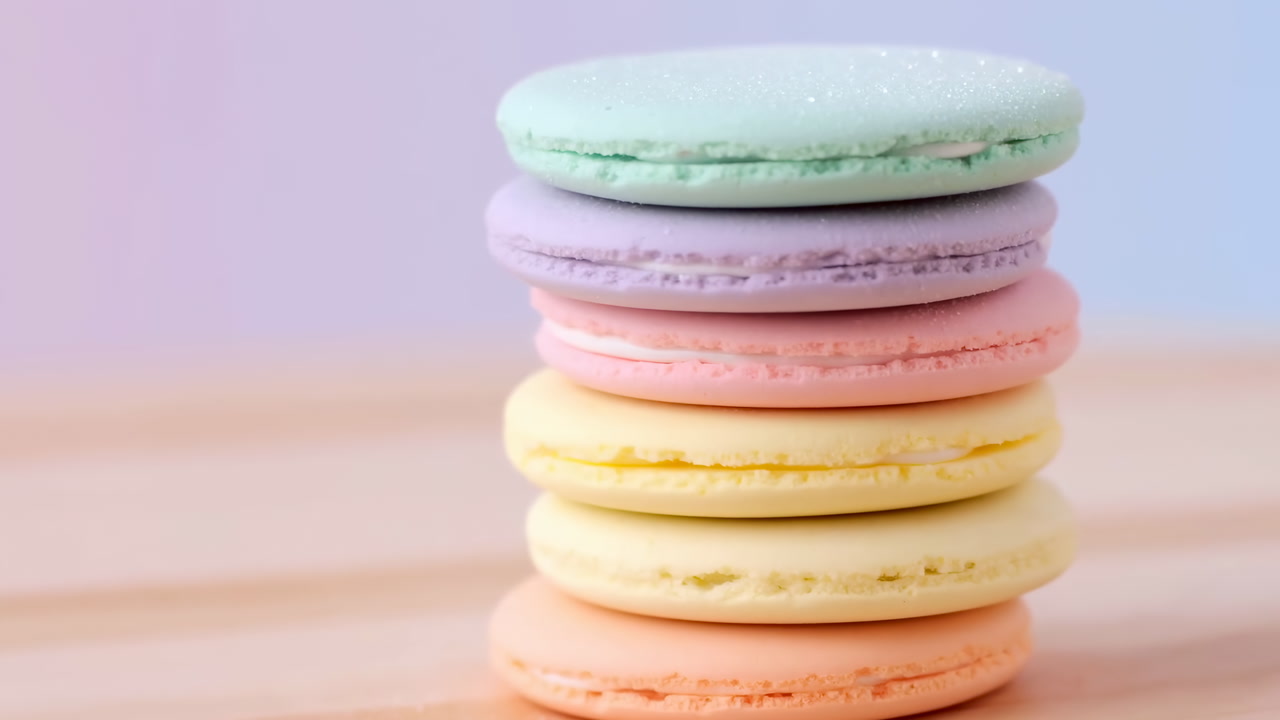 Pastel Macaron Stack On Wooden Tabletop, Closeup Studio Shot With Soft Natural Light, Dreamy Gradient