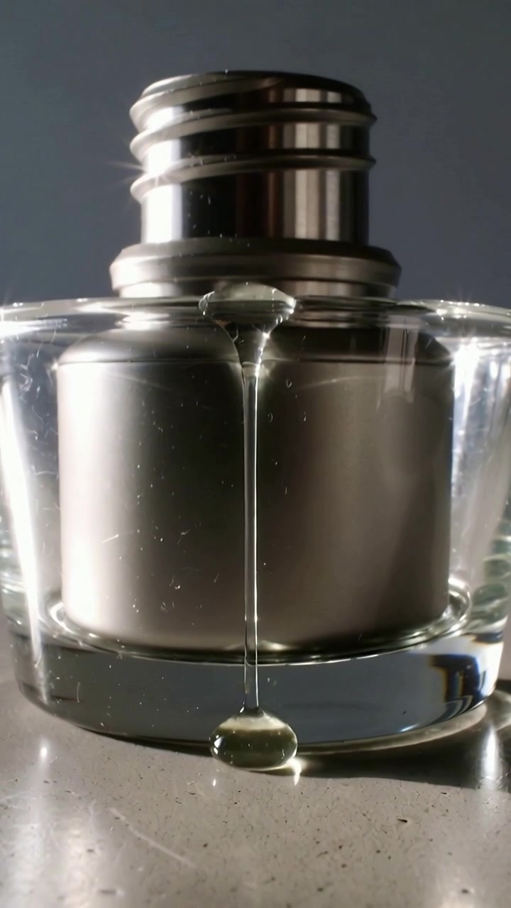 Video verticale: Goccia che si forma da un ugello metallico, allungandosi in un bicchiere su un bancone, tornando al liquido.