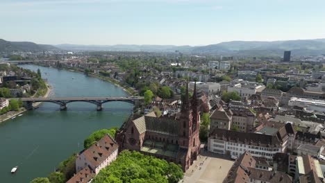 Basel-city-on-the-Rhine-River-in-northwest-Switzerland,-Europe,-aerial-landmark