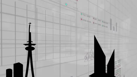 animation of financial data over building shapes and grey background