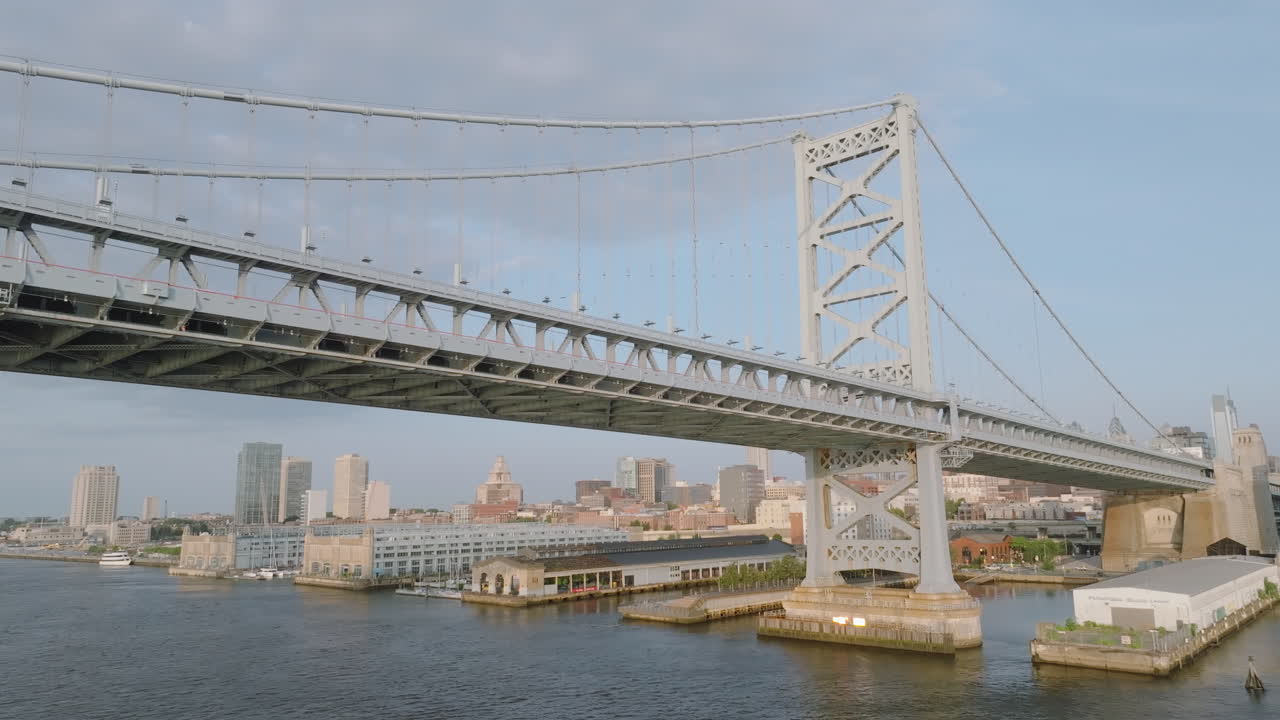 Establishing shot of Philadelphia's Ben Franklin Bridge. Shot on a summer morning