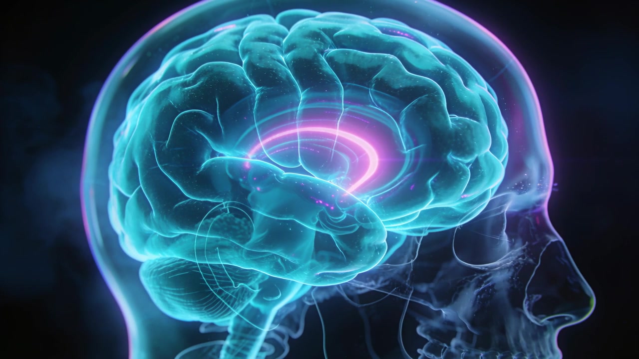 Animating skull rotating, zooming on dim scene while pink arc showing lighting cyan brain for study