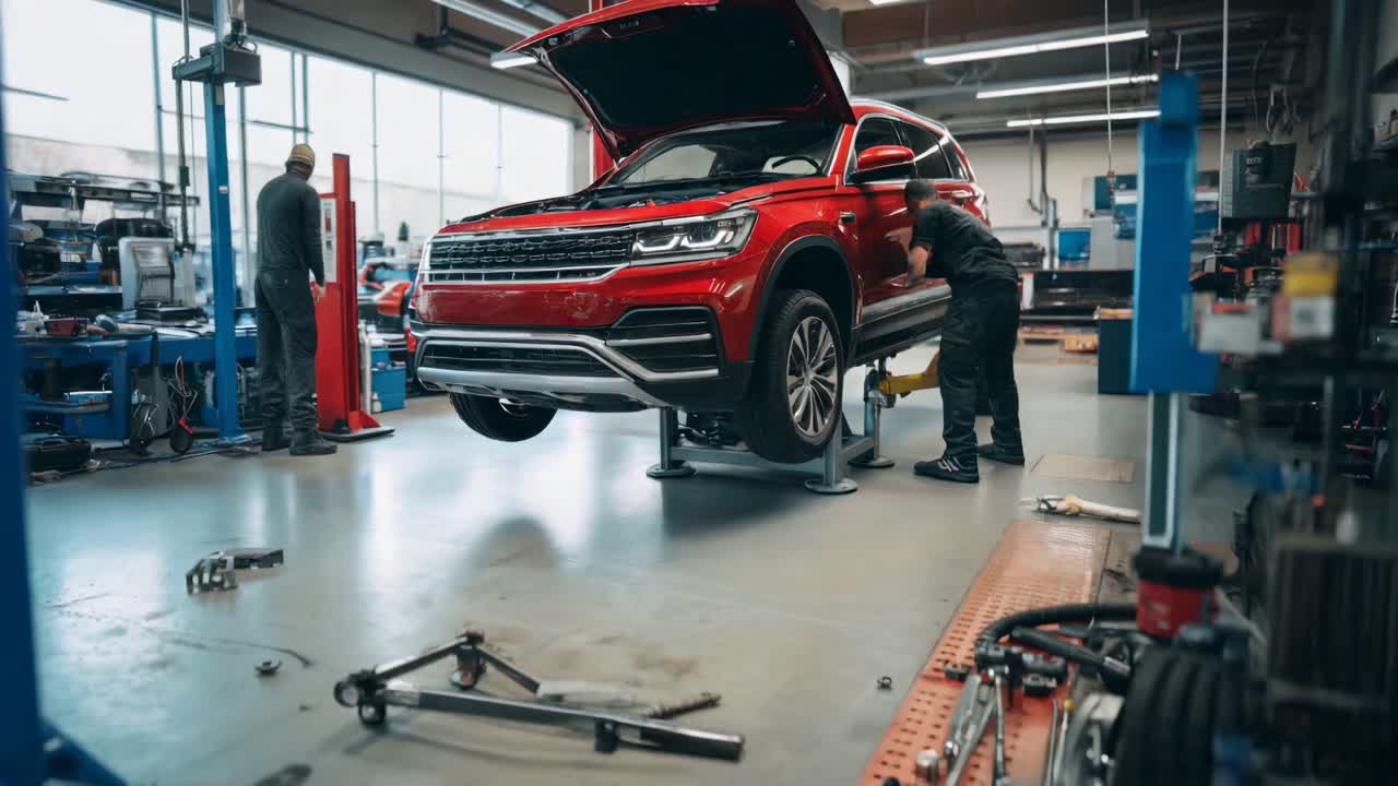 リフトに赤いSUVが載っている自動車修理工場の広角ショット