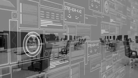 Animation-of-graphs,-changing-numbers,-loading-circles-over-unoccupied-chairs-and-desktops-in-office