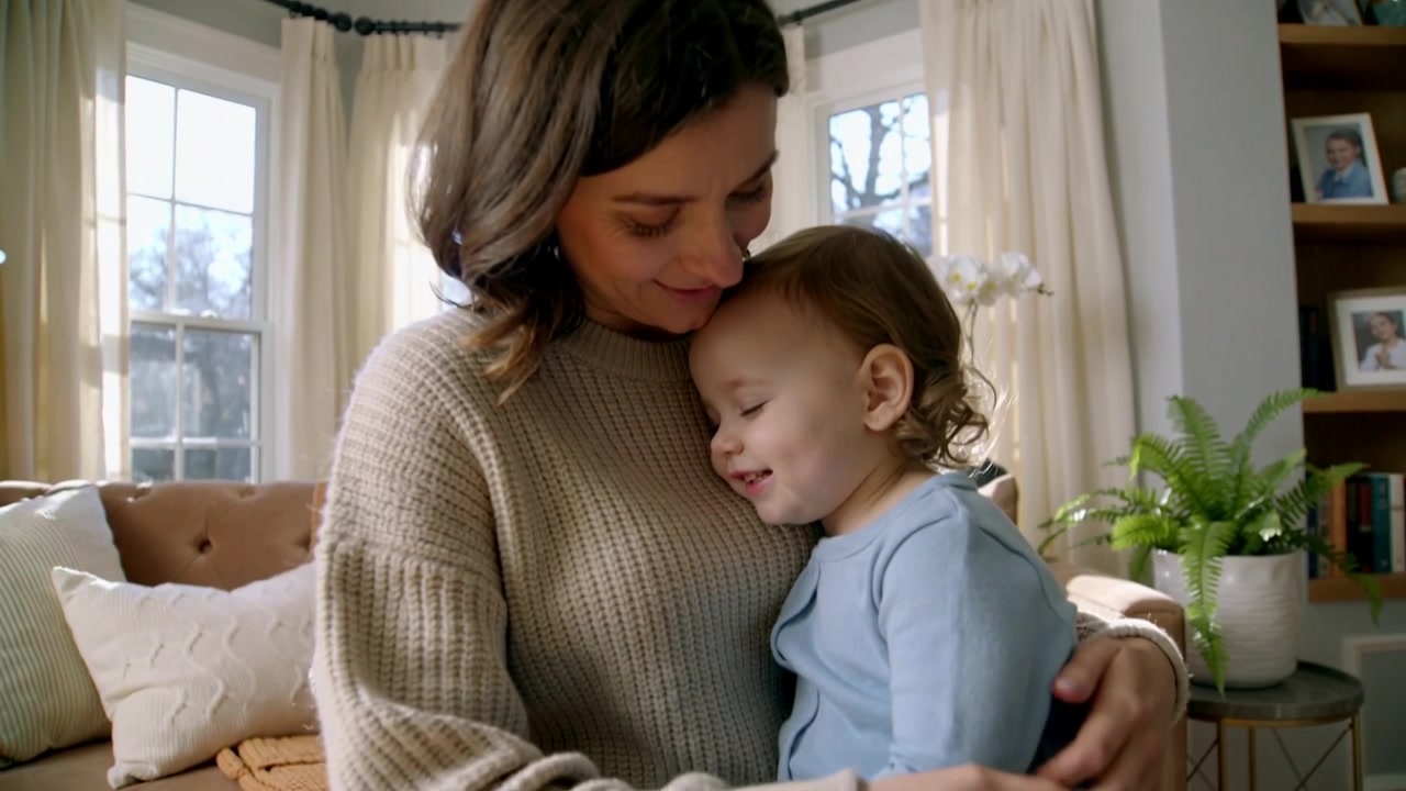 Una madre con un maglione beige accarezza la guancia del suo bambino e gli avvicina la testa sul divano, confortandolo.