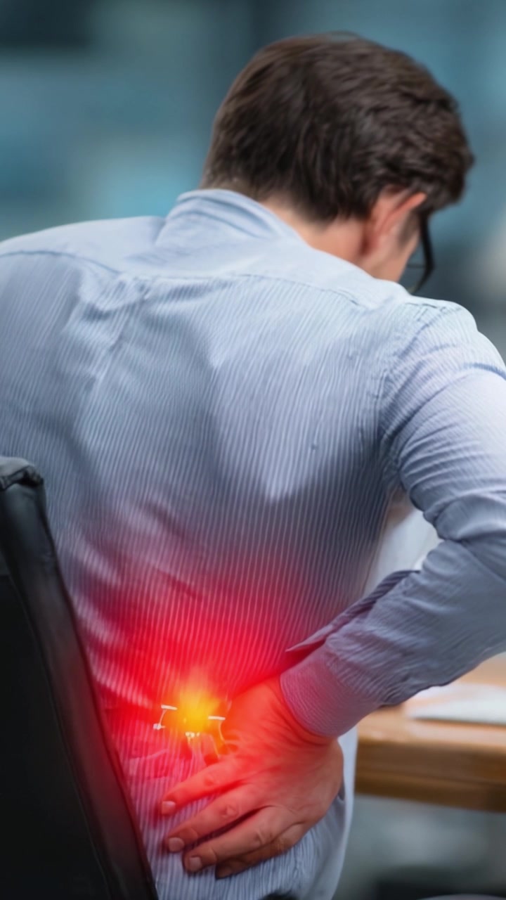 A Man Experiencing Acute Lower Back Pain in an Office Setting, Indicating Discomfort and the Need for Potential Relief Strategies