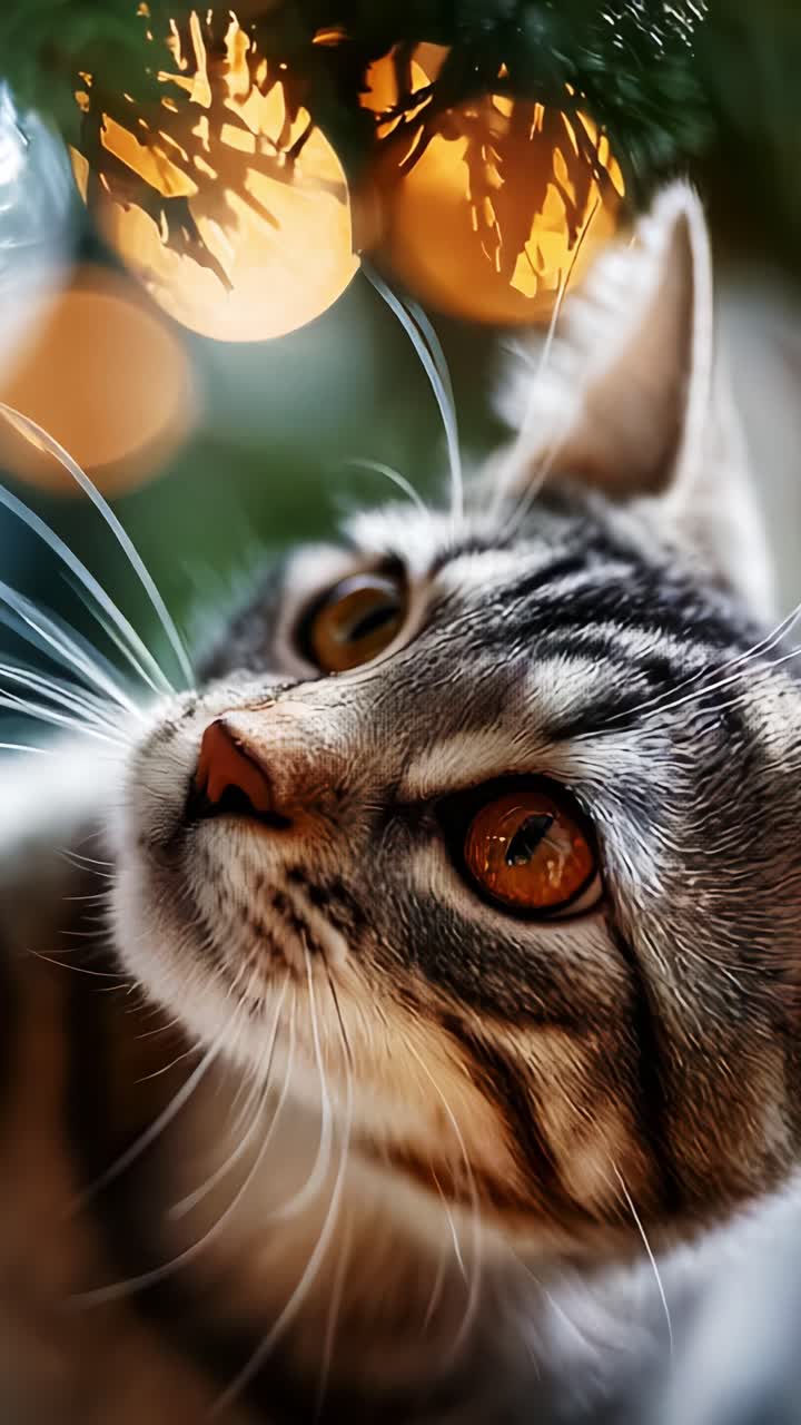 Uno sguardo ravvicinato a un gatto sorprendente con occhi e baffi incantevoli, circondato da un magico bagliore di luci natalizie in un'atmosfera accogliente