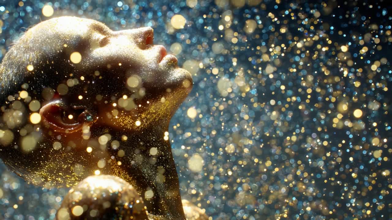 Bellezza ipnotica catturata in un momento di goccioline luccicanti e particelle scintillanti che avvolgono una figura dorata mentre si crogiola in un'illuminazione eterea, creando un'esperienza visiva accattivante di eleganza e fascino