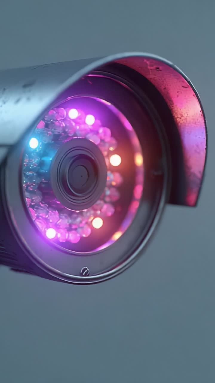 Illuminated Camera Lens Reflecting Vibrant Colors and Light Patterns, Showcasing Advanced Technology in Security Surveillance with Glowing LED Features