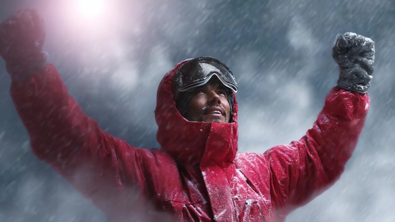 An Adventurer Celebrates Victory Against Nature's Fury, Wearing a Red Jacket Amidst Heavy Snowfall, Highlighting the Resilience of the Human Spirit in Extreme Conditions