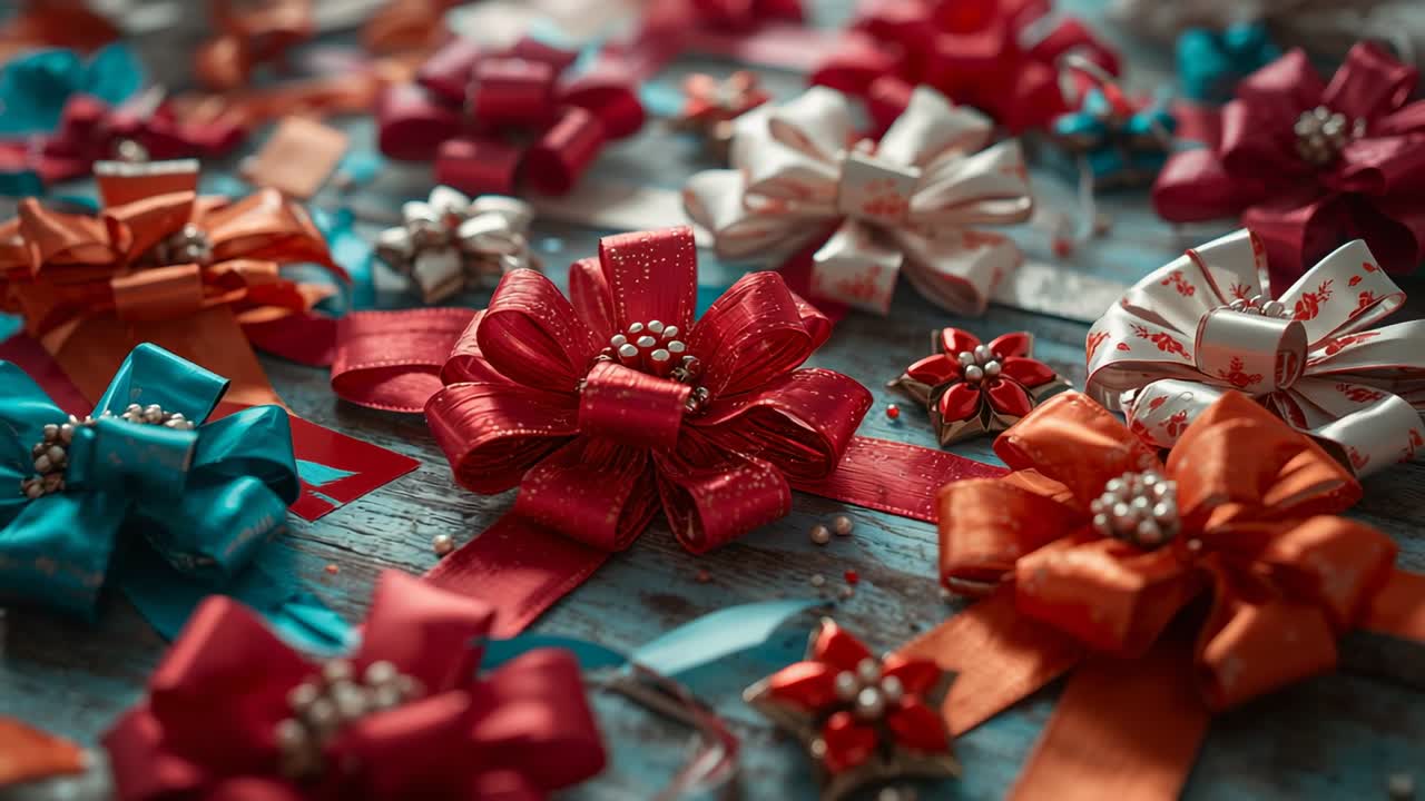 Camera starting shot then pulling focus from red bow to bows on painted tabletop, showcasing colors