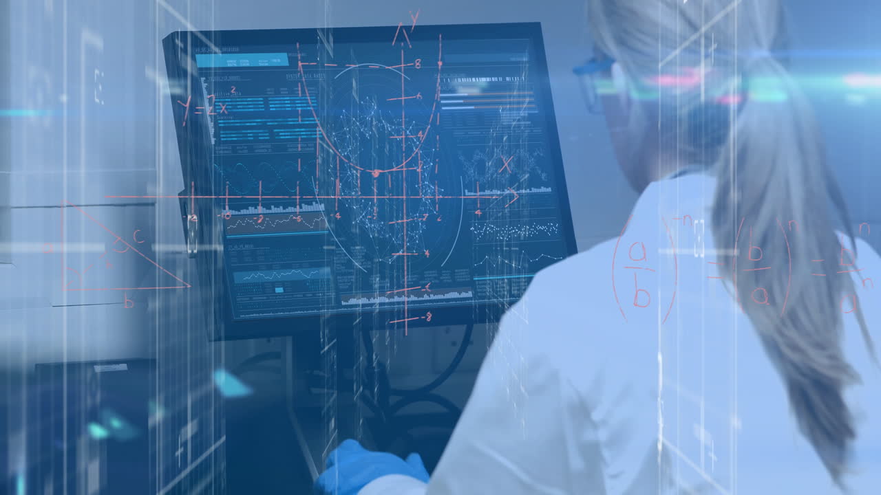 animación del procesamiento de datos sobre una científica caucásica utilizando una computadora