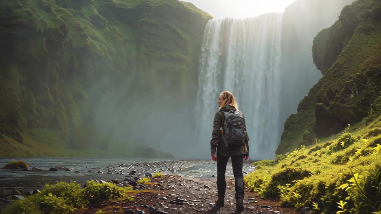 Rear view of a woman with backpack hiking along a rocky riverbank toward a tall waterfall, surrounded by mossy cliffs and mist in a remote nature valley