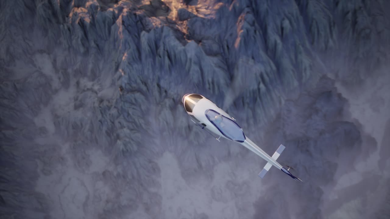 Moderne helikopter set oppefra, der flyver gennem tågede bjergkløfter.