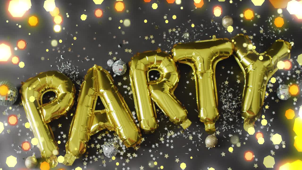 공기 파티 텍스트의 애니메이션과 검은 바탕에 박이는 크리스마스 요정 불빛