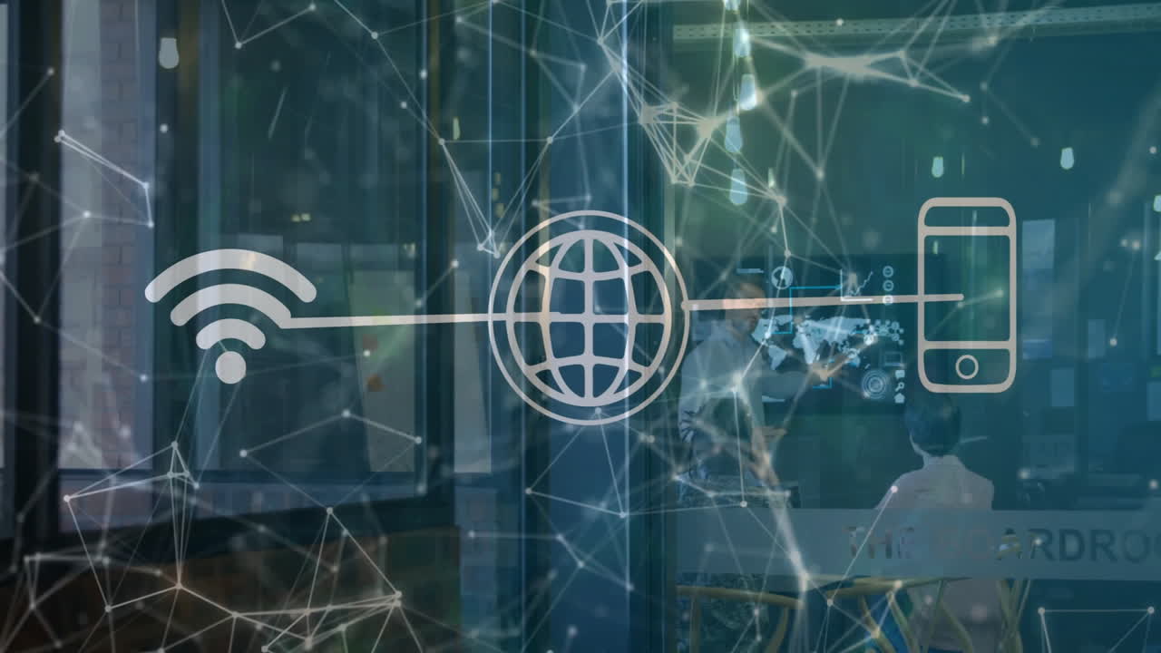 Business team collaborating in boardroom, overlaying Wi?Fi globe smartphone network graphics