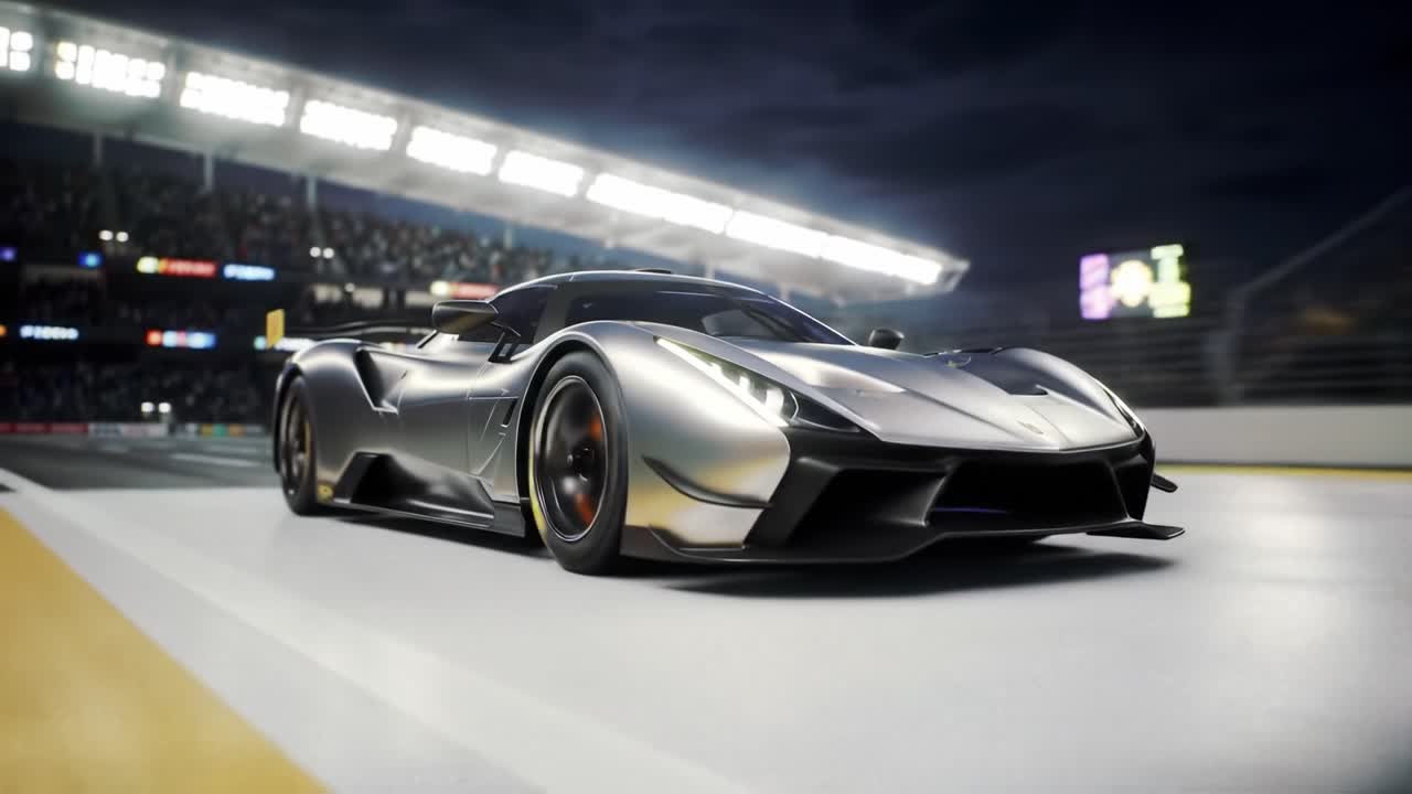 Excitement fills the air as sleek supercars compete on a vibrant racetrack during a thrilling evening event. Bright lights illuminate the crowd, enhancing the adrenaline-pumping atmosphere.