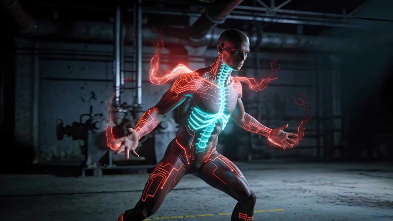 Reacting to pulsing cyan spine, bodysuit-clad man training at plant, red ribbons charging fists
