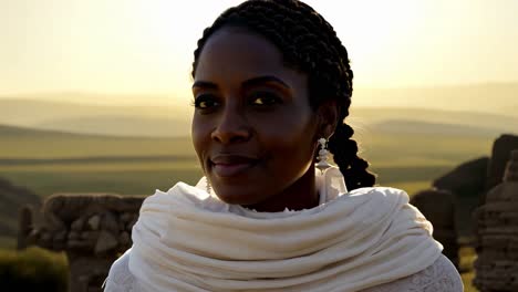 beautiful black woman smiling at sunset in ethiopia