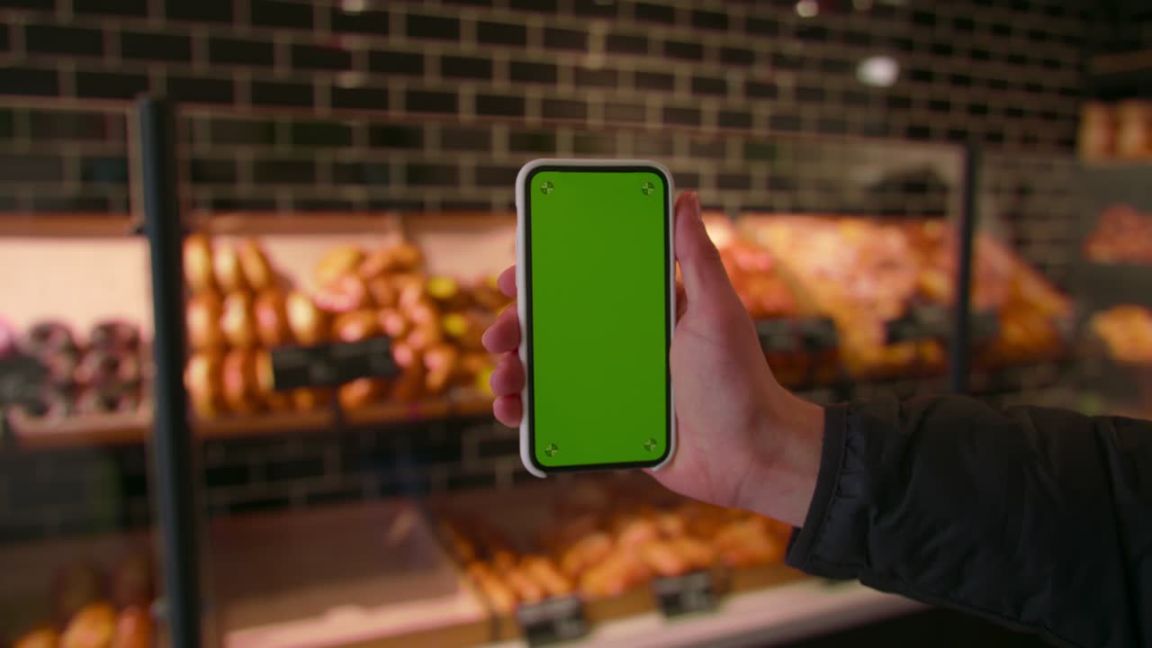 Hand man uses holding a mobile telephone with a vertical green screen background on fast food key smartphone technology touch message display