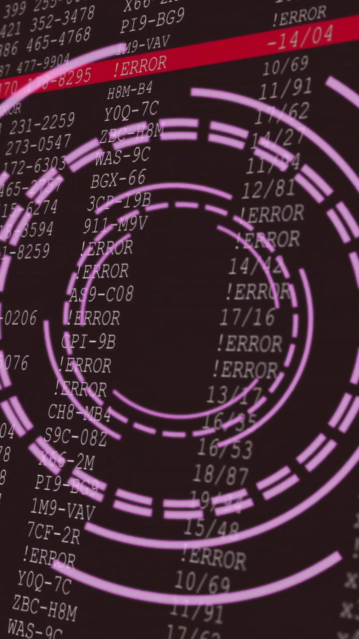 Rotating circular animation over error codes and data on dark background